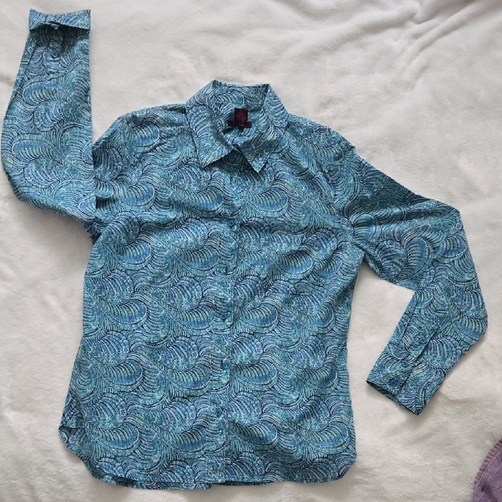 Liberty Women's Blue, Teal, and Black Swirl Shirt